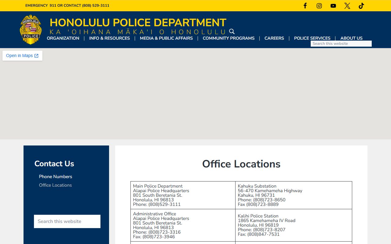 Honolulu PD office locations Urban Honolulu arrest records