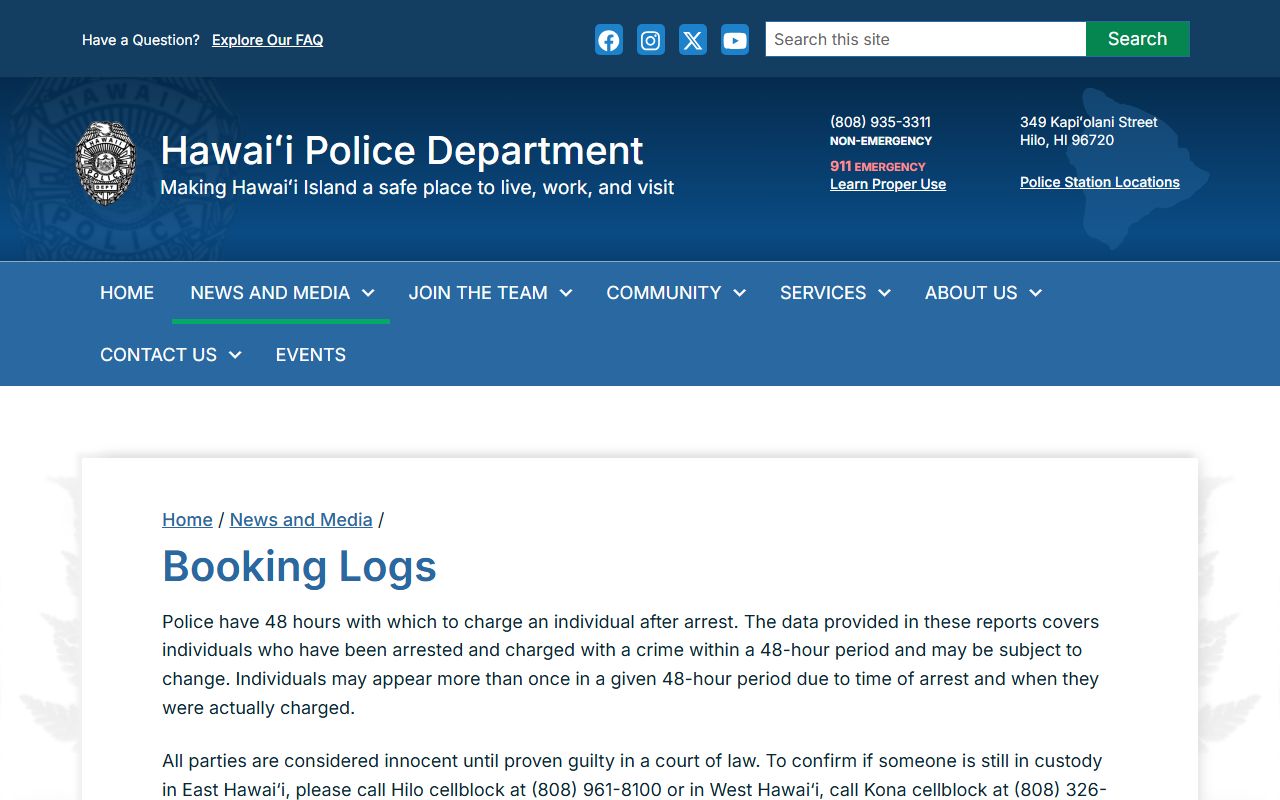 Hawaii Police Department booking logs Hawaii County arrest records