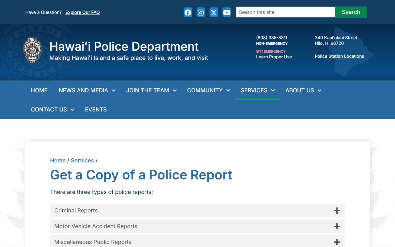 Hawaii Police Department get a police report Hawaii County arrest records