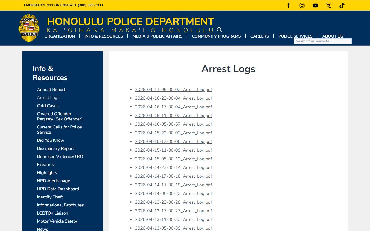 Honolulu Police Department arrest logs Honolulu County arrest records