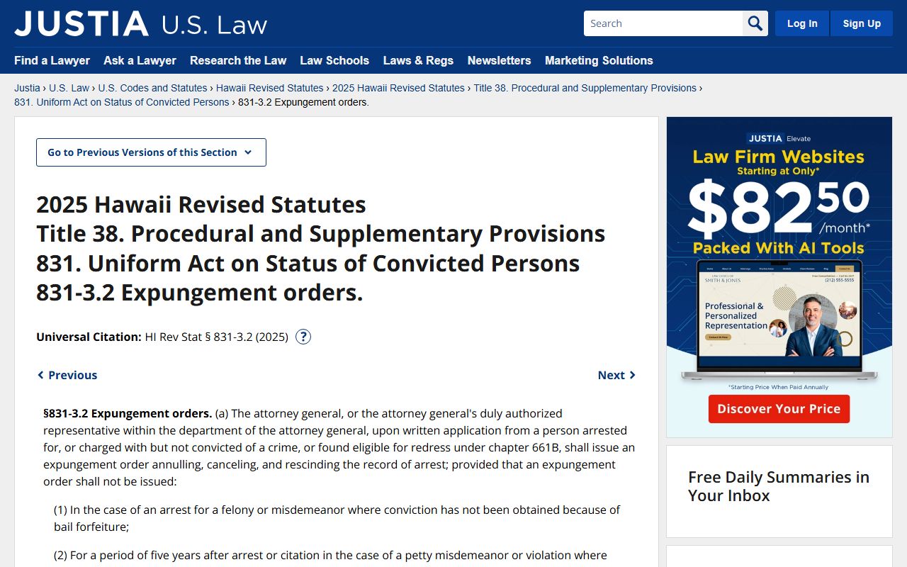 Hawaii Revised Statutes 831-3.2 expungement orders arrest records