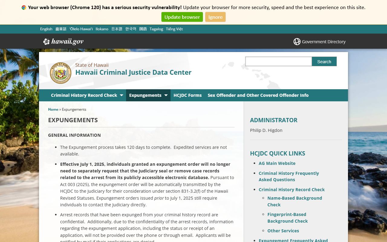 HCJDC expungements page Hawaii arrest records