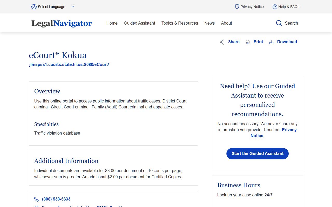 Legal Navigator Hawaii eCourt Kokua arrest records resource